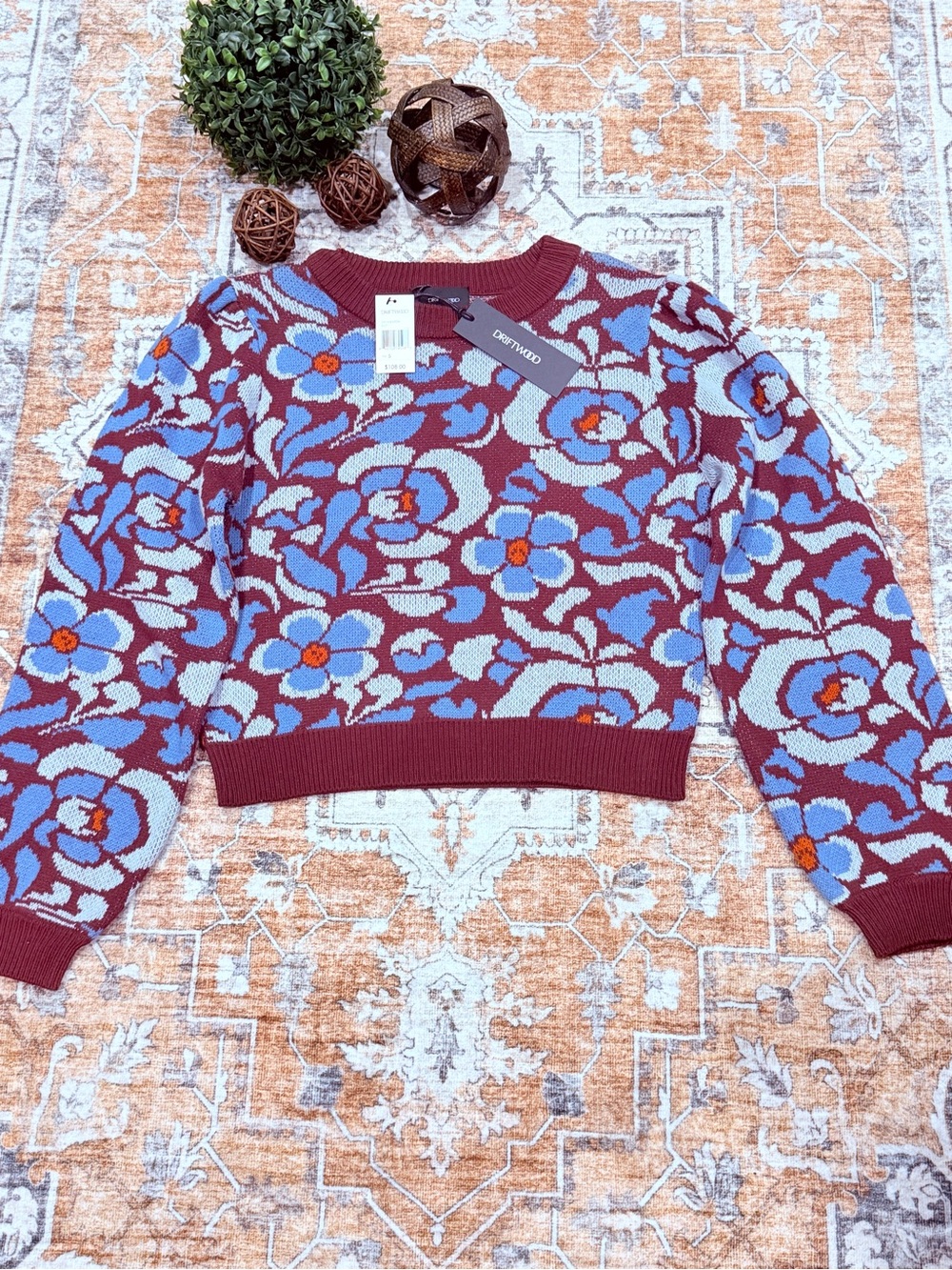DRIFTWOOD Burgundy Floral Cropped Crewneck Sweater with Blue Flowers